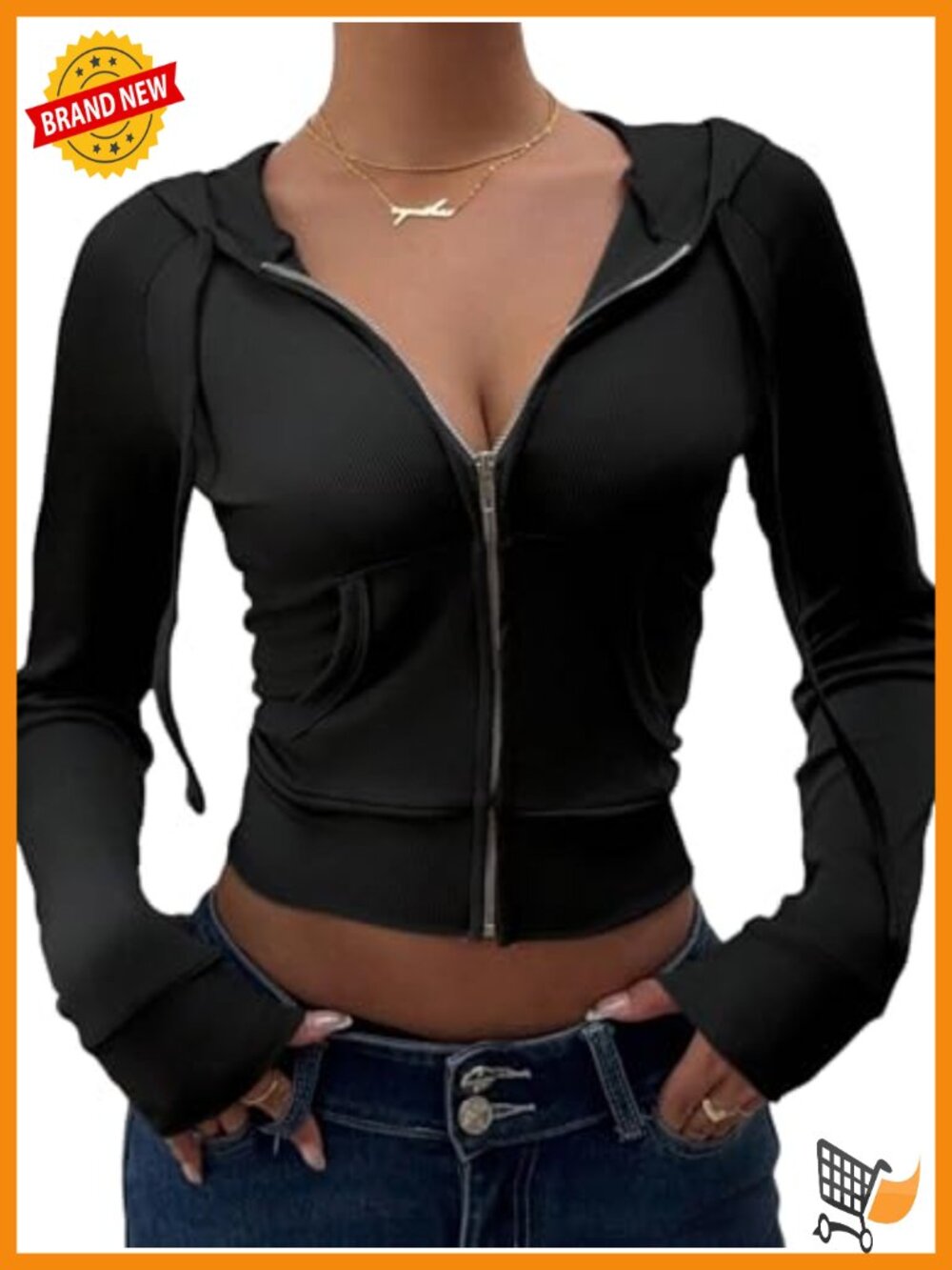 Women's Y2k Crop Zip Up Hoodie Ribbed Knit Slim Fit Long Sleeve